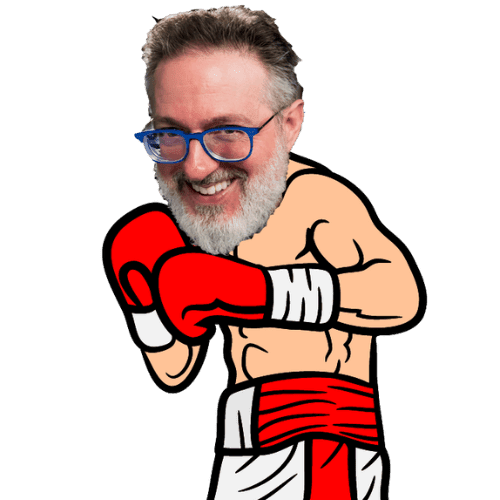 Cartoon boxer with a real man's smiling face, wearing red boxing gloves and a white belt with red trim, stands confidently in a fighting stance, as if ready for his next big testing challenge in the DevAssure ring.