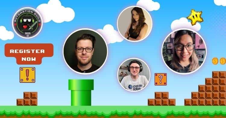 Video game-themed event poster featuring four people in separate circles against a Mario-style background. Includes a "Register Now" button and various game elements like blocks and coins.