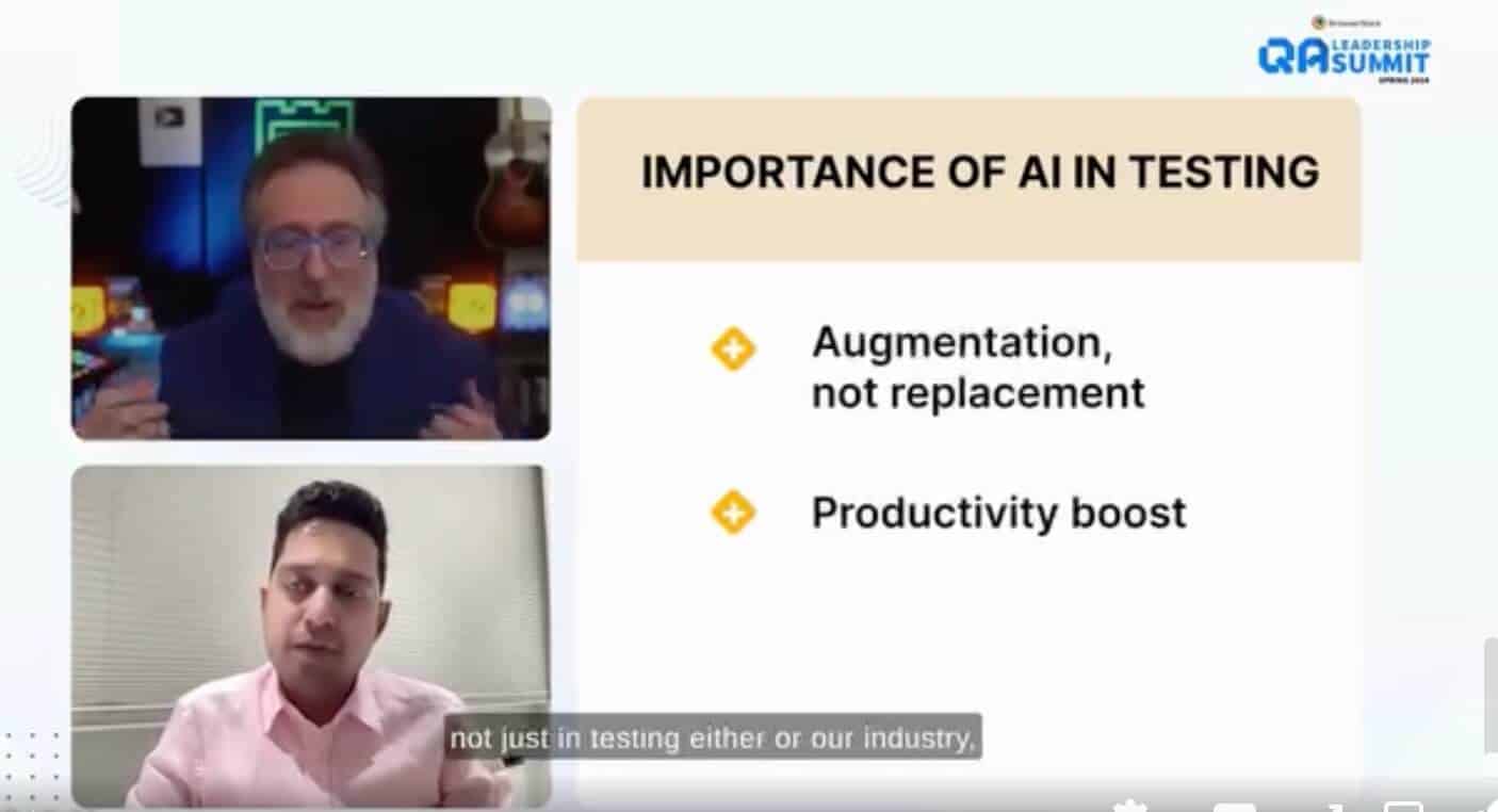 Two men on a video call discuss the "Importance of AI in Testing" during a conference, emphasizing "Augmentation, not replacement" and a "Productivity boost." Subtitles are visible at the bottom, providing viewers with insights into the future of software testing as per the 2025 Guide.