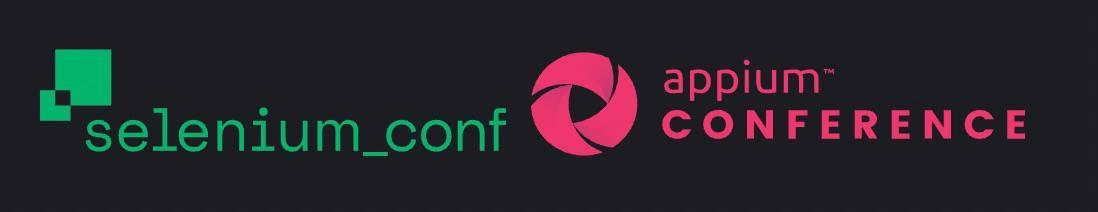 Logos for the top Software Testing Conferences, the Selenium Conference (green) and Appium Conference (pink), stand out sharply against a black background.