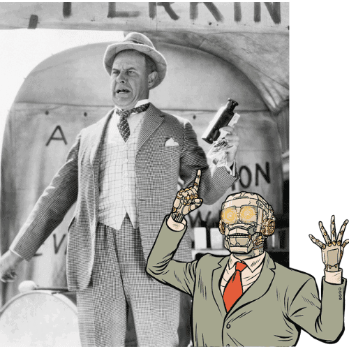 A man in vintage attire enthusiastically holds a bottle while an animated robot in a suit, representing the pinnacle of Gen AI, gestures below.